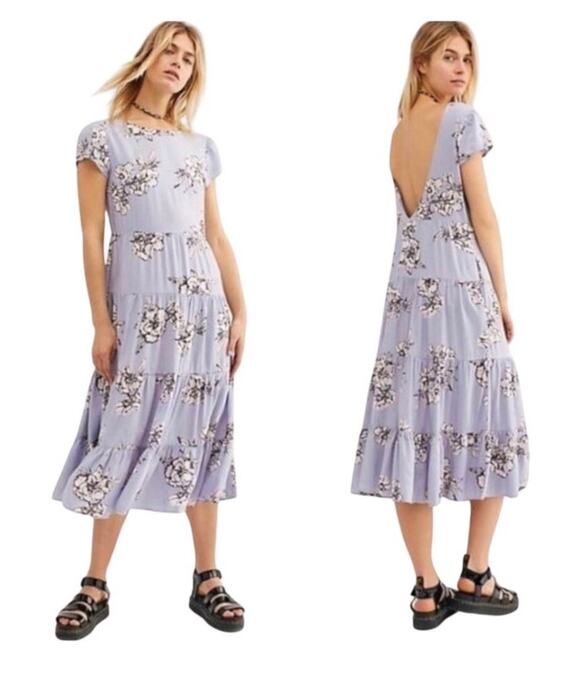 Free People Dresses & Skirts - Free People Rita Tiered Midi Dress Women's Medium Light Blue Floral Cottage Boho